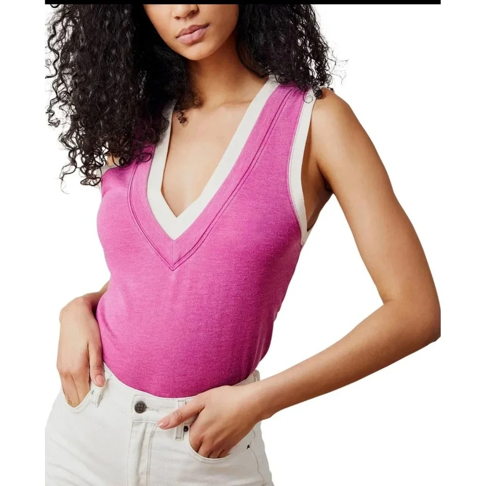 Free People Intimately Pink Varsity‎ V-Neck Bodysuit Sleeveless XS Small Preppy